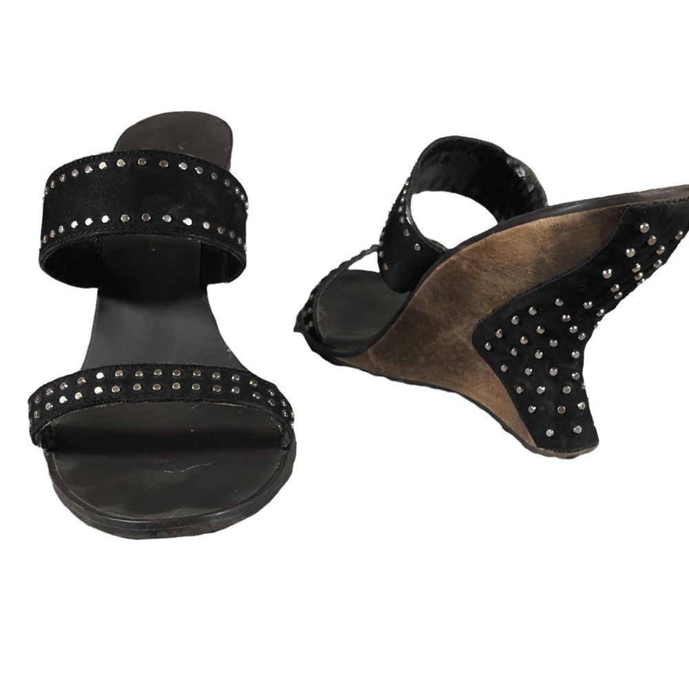 Kathy Van Zeeland Wedges Wooded Studded Black Strappy Sandals Silver Retro 90’s - Picture 9 of 10